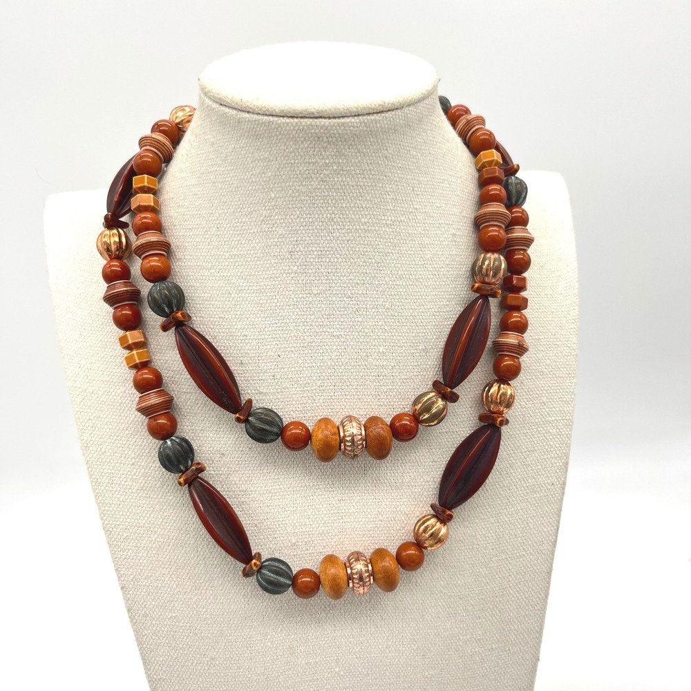 Vintage Earth Tone Mixed Media Beaded Necklace Copper Boho Statement 34in